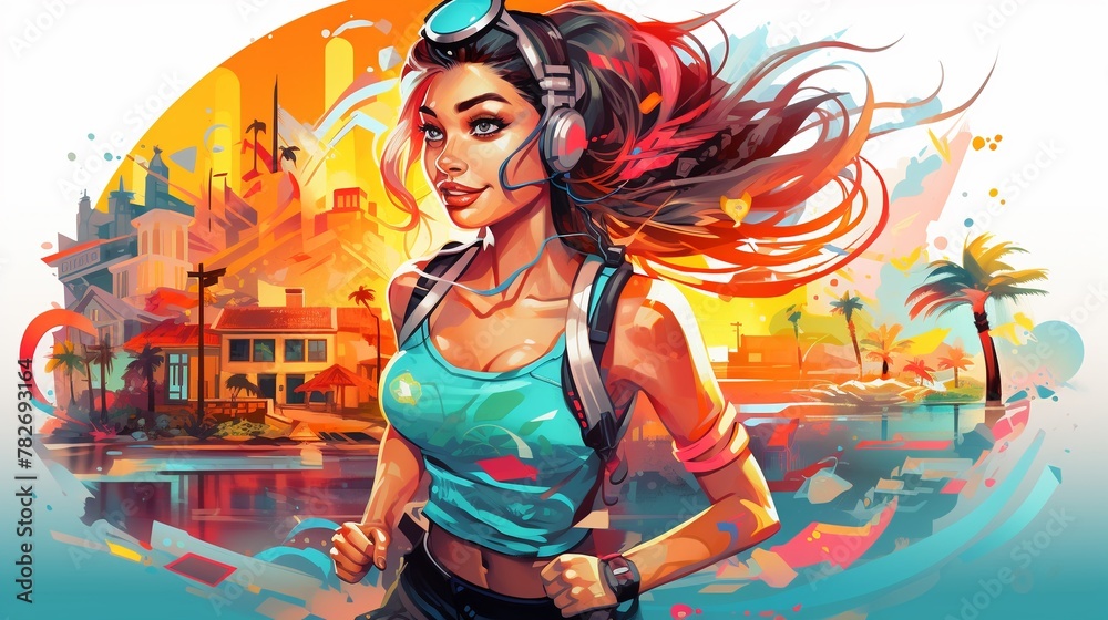 A female jogger running along a beach at sunset, the afterglow reflecting off her determined face Water color of fairytale character in summer vibes fashion , Isolated on white background clipart A female jogger running along a beach at sunset, the afterglow reflecting off her determined face Water color of fairytale character in summer vibes fashion , Isolated on white background clipart