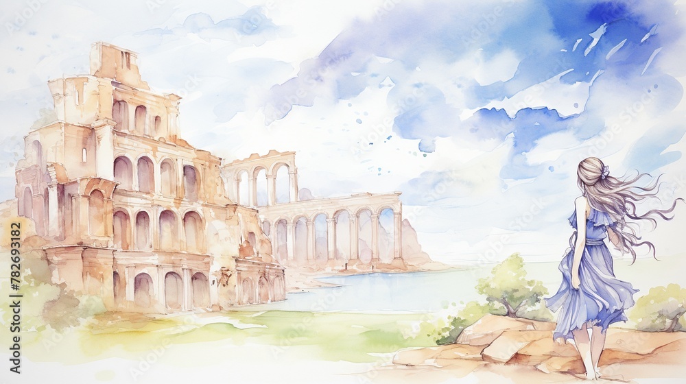 A female solo traveler marveling at ancient ruins, her adventurous spirit kindled by the stories of past summers  watercolor tone, pastel, 3D Animator