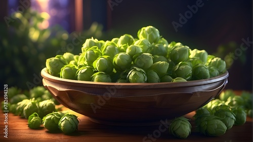 An artistic 3D render portraying a softly illuminated bowl of fresh hops in a stylized and creative manner. The focus is on capturing the essence of the hops in a visually captivating and unique way,  photo