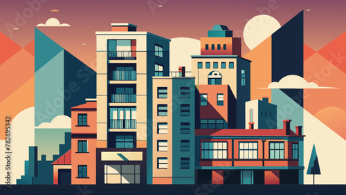 The facade of an urban apartment building is covered in a bold and colorful mural each section representing a different time period in the
