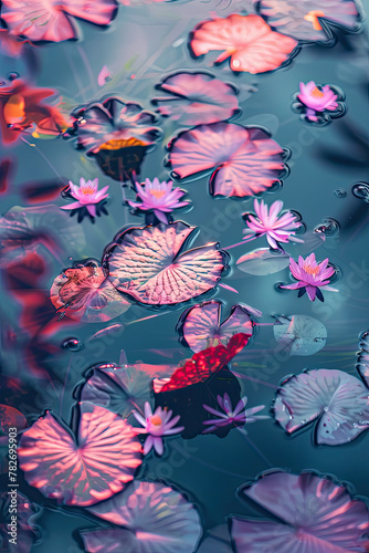 Water lilies and their luminous reflections create a tapestry of color on the tranquil pond surface.