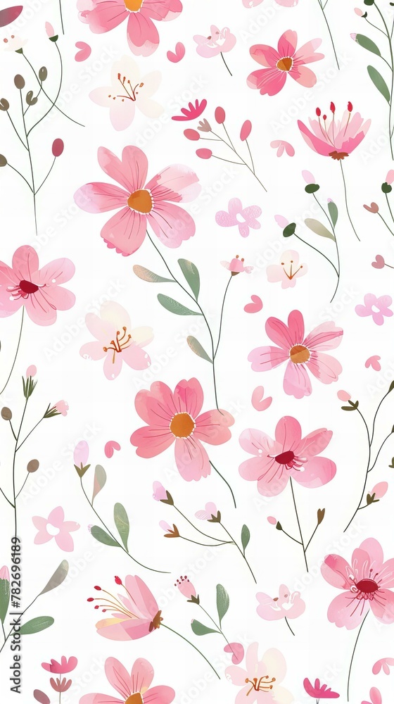 Minimalistic pattern of pink flowers on white background, flat design