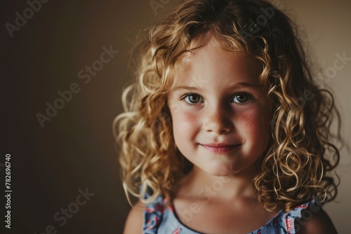 Portrait of a cute little girl with curly hair on a dark background