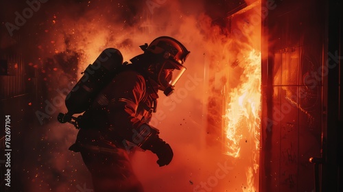 A firefighter breaking through a door to reach a trapped victim