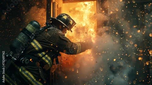 A firefighter breaking through a door to save a life