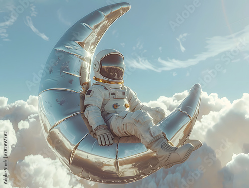 astronaut is sitting on a half moon shaped balloon in the sky. The balloon is silver and reflects the astronaut's suit. The sky is filled with clouds. photo