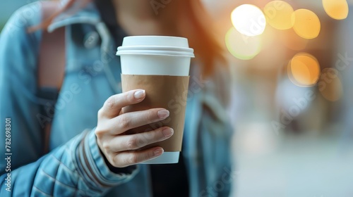 Close-up of a businesswoman's hand holding a cup of coffee, taking a break