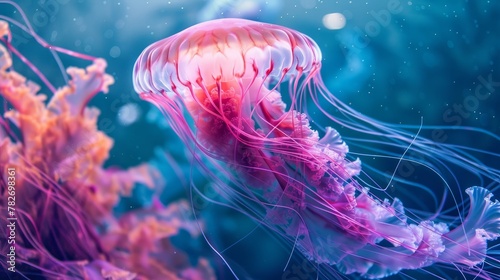 Enchanting view of a pink jellyfish, its long, flowing tentacles illuminated in the ocean's embrace © Paul