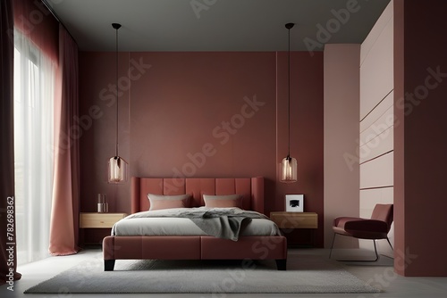 Bedroom in pastel tone maroon color trend 2024 year panton furniture and background. Modern luxury room interior home design. Empty painting wall for art or wallpaper, pictures, art