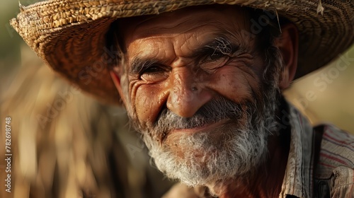 Close-up of a farmer's weathered face smiling with satisfaction