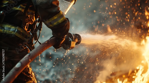 Close-up of a firefighter using a fire hose to extinguish flames at a fire scene