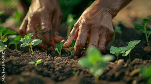 Close-up of hands planting seedlings in a garden