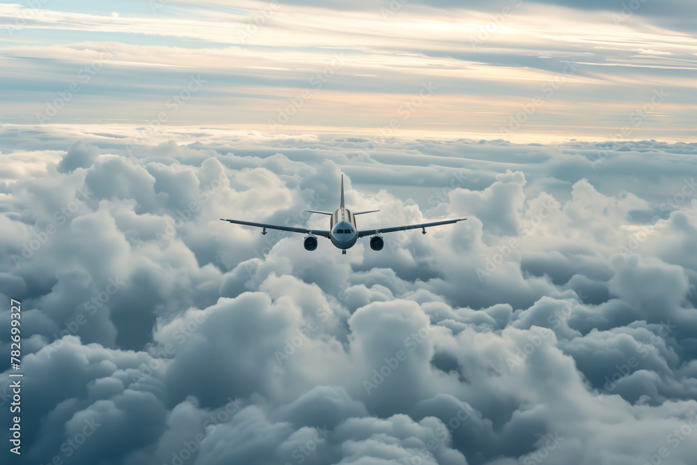 A commercial jet cruises against a background of dense, cottony clouds under a tranquil sky A commercial jet cruises against a background of dense, cottony clouds under a tranquil sky