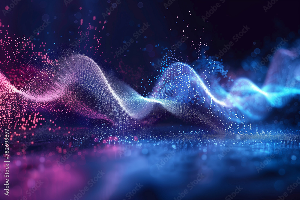 Digital visualization of a sound wave in pink and blue hues, representing dynamic movement - obrazy, fototapety, plakaty 
