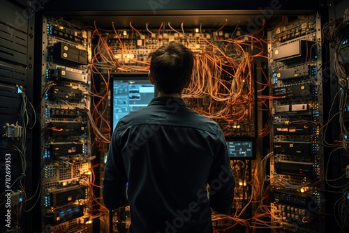 A back view of an IT specialist configuring complex systems