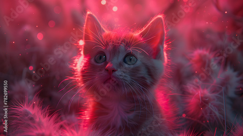 a cute pink cat with blue eyes is  looking upwards, and there are sparks or lights shining around it. The background is a blurry pink.