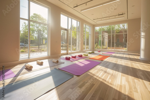 Yoga mats lie on a wooden floor in a sunlit room with large windows and greenery outside