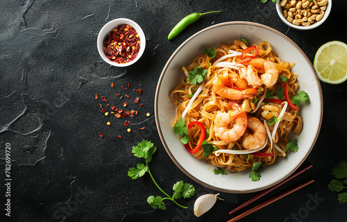 Pad thai in a white dish, black rustic background, copy space, stock photo style, A few side dishes and ingredients, ultra realistic, top view
