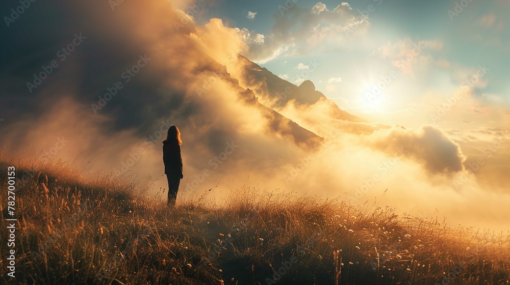 A silhouette of a person standing in a grassy field at sunset or sunrise. The person appears to be a woman looking off into the distance, gazing at the mountains partly obscured by dramatic clouds. Th - obrazy, fototapety, plakaty 