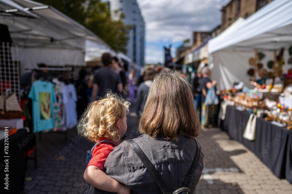 tourist at farmer market, at salamanca market in hobart australia