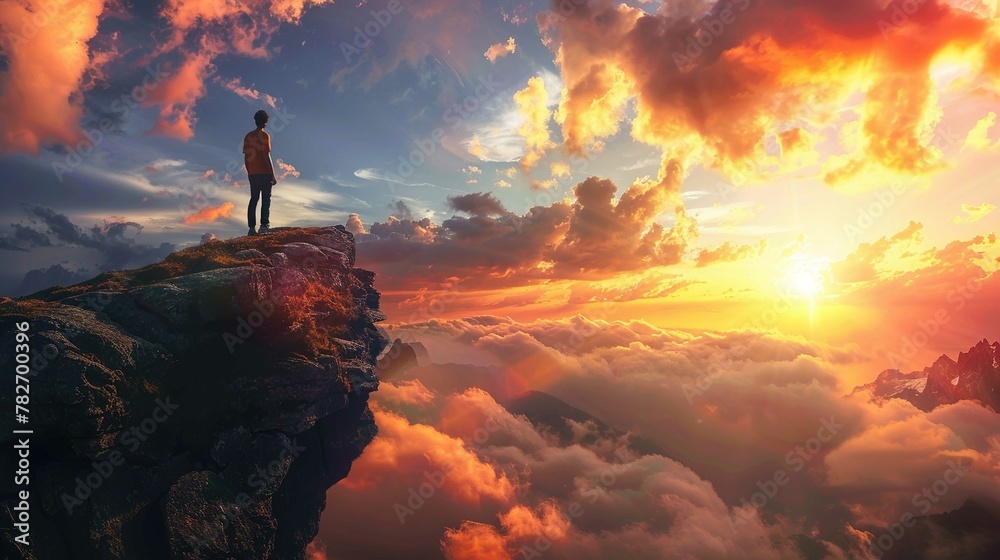 A person stands on the edge of a cliff overlooking a majestic panoramic view of mountains and clouds. The sun sits low on the horizon, casting an orange glow that illuminates the sky with hues of pink