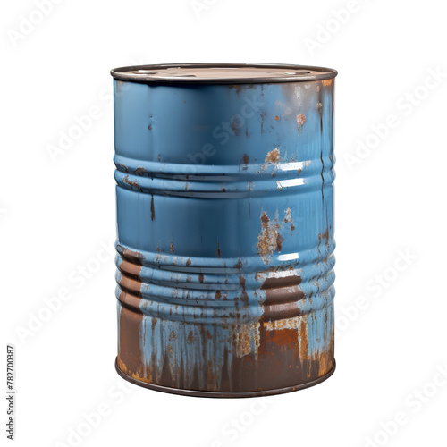 Old rusty blue oil barrel isolated, no background, transparent background photo