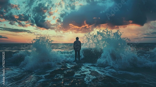 A solitary figure stands on a rocky shore facing the expansive ocean as waves dramatically crash around him. The person is silhouetted against the backdrop of a vibrant sunset sky filled with clouds t