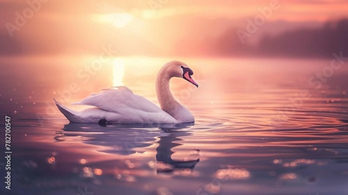 A serene image of a swan gliding gently on a calm body of water during what appears to be sunset. The swan is mostly white with a long neck and an orange beak with a black area at the base. The water 