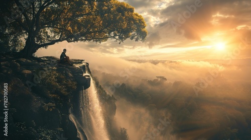A person sits tranquilly on the edge of a high cliff, overlooking a waterfall that cascades down into a dense forest. The scene is bathed in the warm light of a setting or rising sun, which disperses  photo