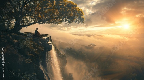 A person sits tranquilly on the edge of a high cliff, overlooking a waterfall that cascades down into a dense forest. The scene is bathed in the warm light of a setting or rising sun, which disperses 