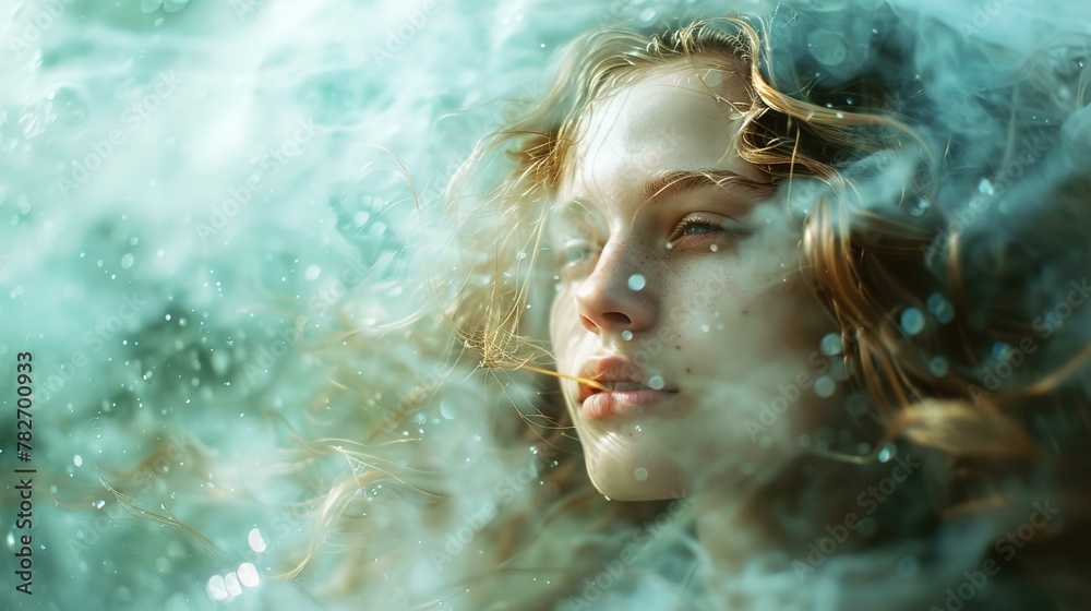 A young woman's face is captured in a close-up shot with a serene, introspective expression. Her eyes are gently closed as if in contemplation or relaxation. The light source creates a dreamy, etherea A young woman's face is captured in a close-up shot with a serene, introspective expression. Her eyes are gently closed as if in contemplation or relaxation. The light source creates a dreamy, etherea