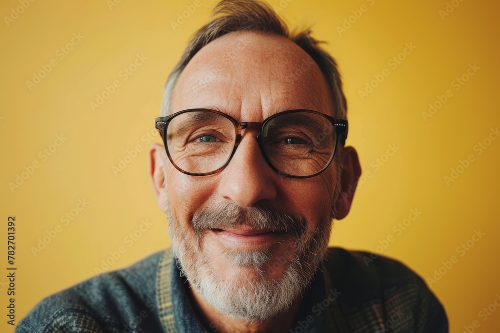 Portrait of smiling senior man with eyeglasses on yellow background Portrait of smiling senior man with eyeglasses on yellow background