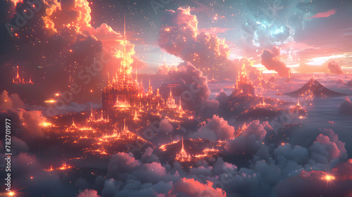 A city of glowing orange castle-like structures  surrounded by clouds and stars. game background