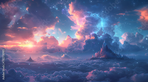 A city of glowing orange castle-like structures, surrounded by clouds and stars. game background photo