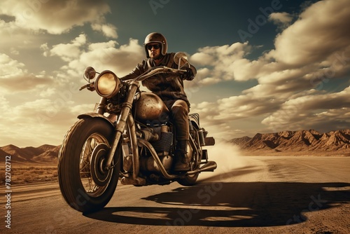 A rider on a vintage motorcycle in a retro setting © KerXing