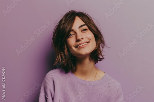 Portrait of a beautiful smiling young woman on a purple background.