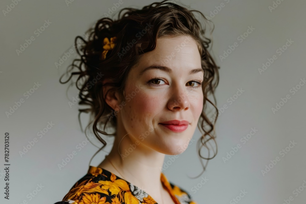Portrait of a beautiful girl with curly hair in a yellow dress Portrait of a beautiful girl with curly hair in a yellow dress