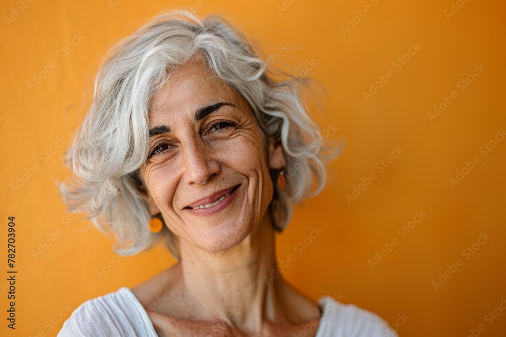 portrait of smiling senior woman with grey hair looking at camera isolated on orange