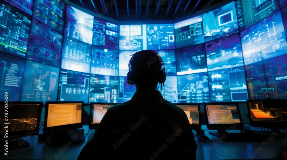 A man is sitting in front of a computer monitor with a headset on A man is sitting in front of a computer monitor with a headset on