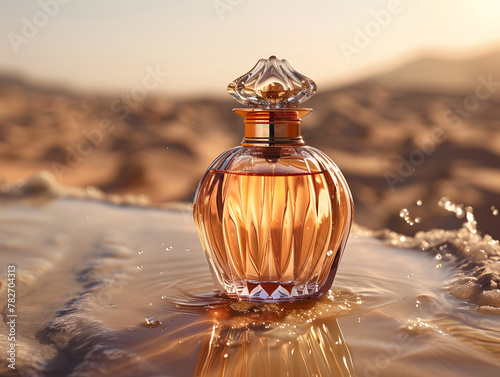 A lone perfume bottle sits in a desert landscape during a sunset.