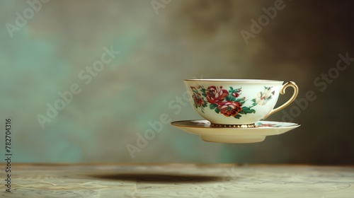 A white cup with a floral design is floating in the air