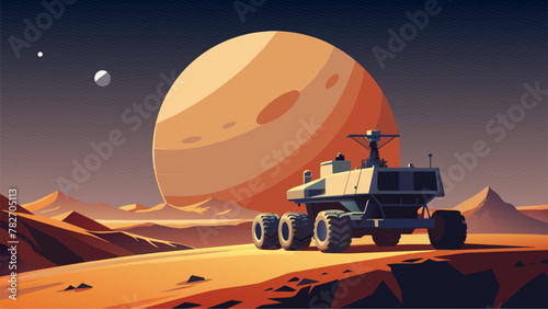 Against the backdrop of a brilliant starspangled sky a lunar rover equipped with stateoftheart mining equipment makes its way across a desolate