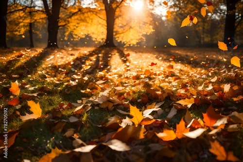 A meadow kissed by the warm light of autumn  with leaves falling like confetti.