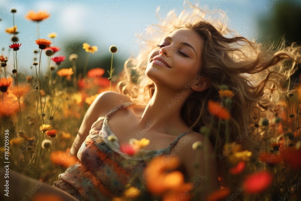 A carefree individual lying in a field of wildflowers A carefree individual lying in a field of wildflowers