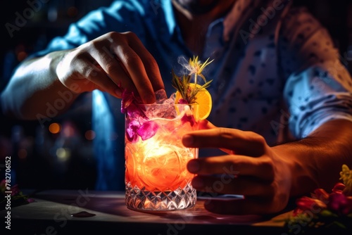 A bartender expertly mixing a vibrant rum punch cocktail