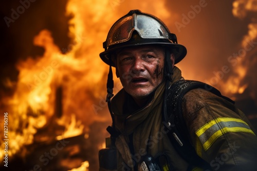 A close-up of a determined firefighter battling a blaze