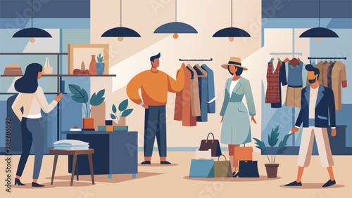 A bustling clothing rental store filled with racks of stylish garments and accessories. Customers excitedly search for the perfect outfit for