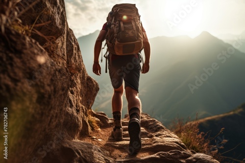 A close up of a hiker conquering a steep and treacherous trail photo