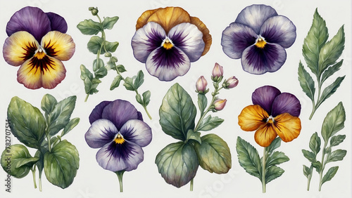 Bright beautiful pansy flowers watercolor art, set of summer pansies photo