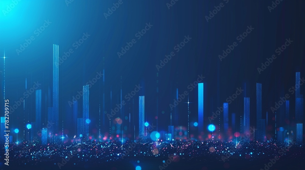 Digital illustration of a rising blue bar graph, symbolizing growth and progress in a virtual environment, Rising Blue Bar Graph in Digital Space